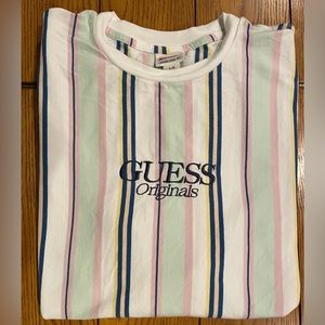EUC GUESS Originals short sleeve vertical striped shirt,green/punk/white, large